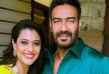 A conceptual image showing Bollywood actors Kajol and Ajay Devgn, highlighting Kajol's funny Instagram post on Ajay Devgn's 57th birthday.