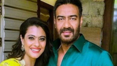 A conceptual image showing Bollywood actors Kajol and Ajay Devgn, highlighting Kajol's funny Instagram post on Ajay Devgn's 57th birthday.