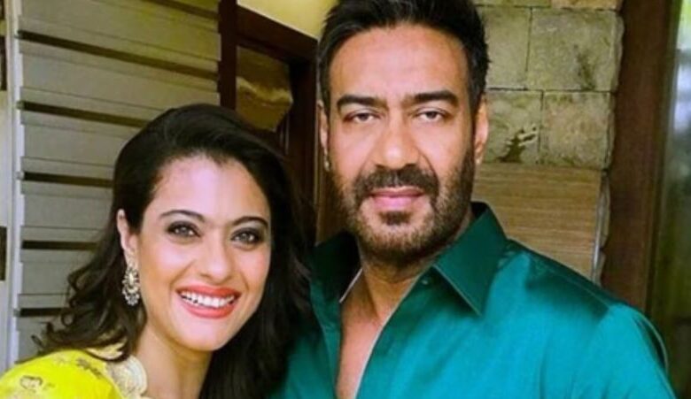 A conceptual image showing Bollywood actors Kajol and Ajay Devgn, highlighting Kajol's funny Instagram post on Ajay Devgn's 57th birthday.