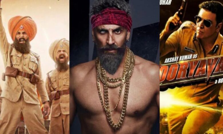 अक्षय कुमार के विभिन्न फिल्मी किरदारों का कोलाज और बॉक्स ऑफिस कलेक्शन का ग्राफिक