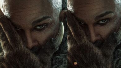 A conceptual image highlighting the Allu Arjun Raaka First Look, showing a mysterious half-bald man with sharp wolf-like claws against a dark, intense background.