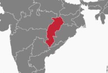 A conceptual image highlighting the CG Delimitation News, showing a map of Chhattisgarh alongside a parliament building and a voting box with 33% women's reservation symbols.