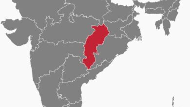 A conceptual image highlighting the CG Delimitation News, showing a map of Chhattisgarh alongside a parliament building and a voting box with 33% women's reservation symbols.