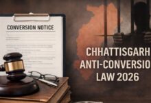 A conceptual image highlighting the CG Religious Conversion Law, showing a judge's gavel resting on a legal document with a balanced scale of justice in the background, representing the strict anti-conversion bill in Chhattisgarh.