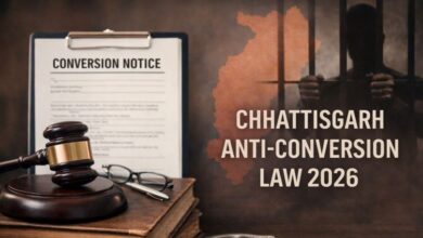 A conceptual image highlighting the CG Religious Conversion Law, showing a judge's gavel resting on a legal document with a balanced scale of justice in the background, representing the strict anti-conversion bill in Chhattisgarh.
