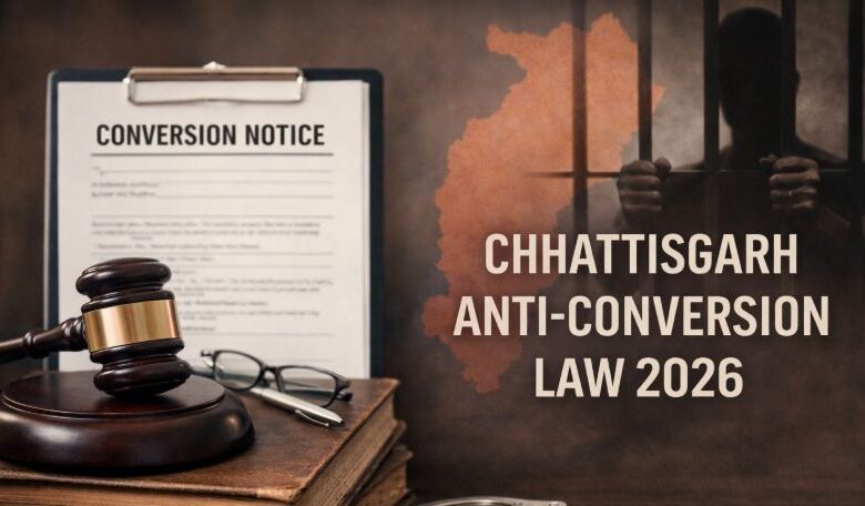 A conceptual image highlighting the CG Religious Conversion Law, showing a judge's gavel resting on a legal document with a balanced scale of justice in the background, representing the strict anti-conversion bill in Chhattisgarh.