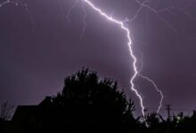 A conceptual image showing dark clouds, lightning, and rain over a city skyline in Chhattisgarh, representing the latest weather update and 5-day alert.