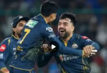 A conceptual image highlighting the DC vs GT IPL 2026 match, showing Shubman Gill and Rashid Khan celebrating, with KL Rahul looking disappointed in the background.