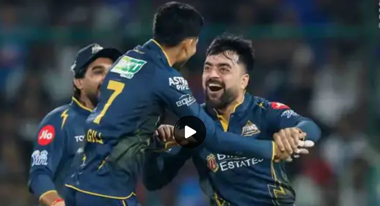A conceptual image highlighting the DC vs GT IPL 2026 match, showing Shubman Gill and Rashid Khan celebrating, with KL Rahul looking disappointed in the background.