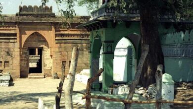 A conceptual image highlighting the Dhar Bhojshala Case, showing the Indore High Court building and an ASI survey team examining ancient structures at the Dhar Bhojshala complex.