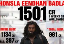 A conceptual image showing Bollywood actor Ranveer Singh in a fierce look, celebrating the 1500 crore worldwide box office collection of Dhurandhar 2.