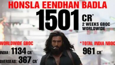 A conceptual image showing Bollywood actor Ranveer Singh in a fierce look, celebrating the 1500 crore worldwide box office collection of Dhurandhar 2.