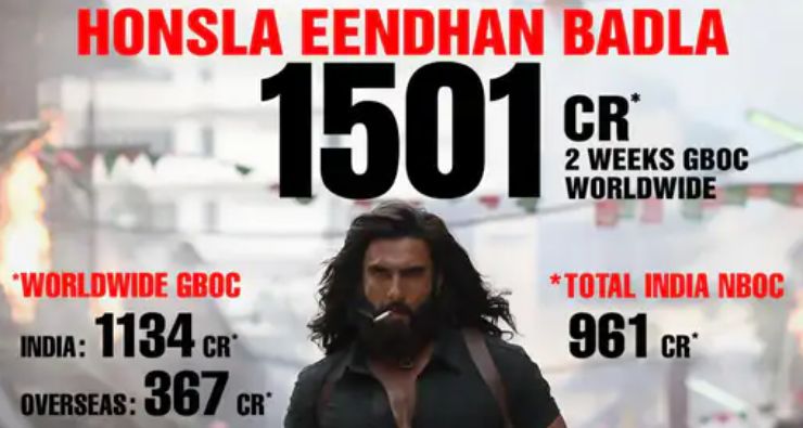 A conceptual image showing Bollywood actor Ranveer Singh in a fierce look, celebrating the 1500 crore worldwide box office collection of Dhurandhar 2.