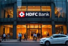 A conceptual image showing a downward red arrow crashing into the HDFC Bank logo, highlighting the recent 25% fall in the HDFC Bank share price and the chairman's resignation.