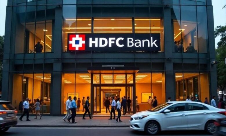 A conceptual image showing a downward red arrow crashing into the HDFC Bank logo, highlighting the recent 25% fall in the HDFC Bank share price and the chairman's resignation.