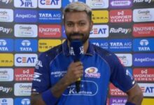 A conceptual image highlighting the Hardik Pandya Statement, showing a disappointed Hardik Pandya during the match, with the scoreboard displaying 150 runs for RR and 123 for MI.