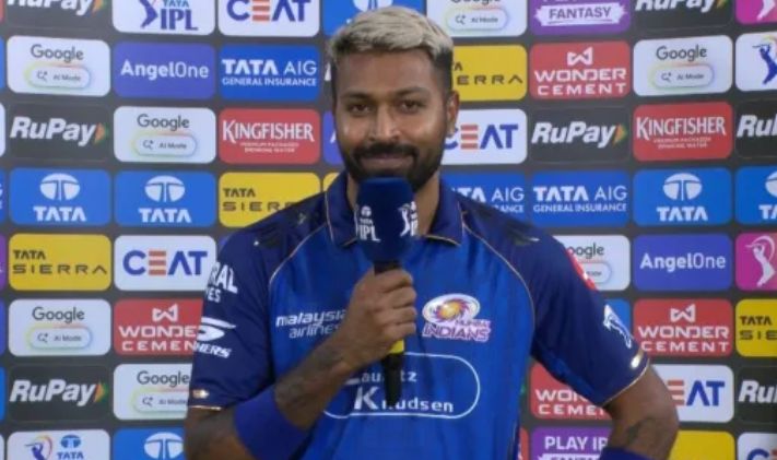 A conceptual image highlighting the Hardik Pandya Statement, showing a disappointed Hardik Pandya during the match, with the scoreboard displaying 150 runs for RR and 123 for MI.