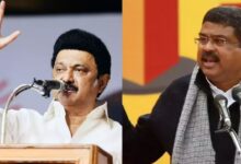 A conceptual image highlighting the Hindi Imposition Row, showing a political face-off between Union Education Minister Dharmendra Pradhan and TN CM MK Stalin over language policies.