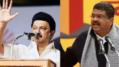 A conceptual image highlighting the Hindi Imposition Row, showing a political face-off between Union Education Minister Dharmendra Pradhan and TN CM MK Stalin over language policies.