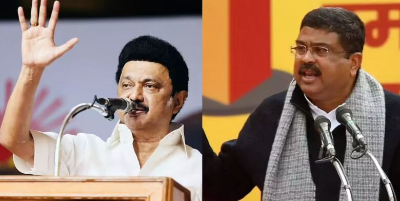 A conceptual image highlighting the Hindi Imposition Row, showing a political face-off between Union Education Minister Dharmendra Pradhan and TN CM MK Stalin over language policies.
