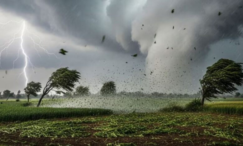 A conceptual image showing dark stormy clouds, heavy rain, and lightning over a city landscape, highlighting the IMD weather alert for 80kmph winds and hail in India.