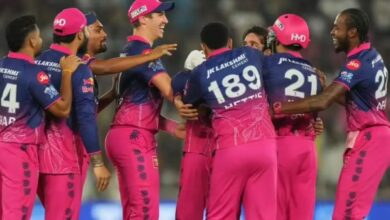 A conceptual image highlighting the IPL 2026 Points Table, showing Rajasthan Royals players celebrating their victory and moving to the top position in the tournament standings.