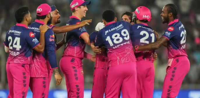 A conceptual image highlighting the IPL 2026 Points Table, showing Rajasthan Royals players celebrating their victory and moving to the top position in the tournament standings.