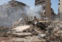 A conceptual image highlighting the Lebanon UN News, showing destroyed buildings with smoke rising in Beirut, alongside the United Nations logo and a call for peace.