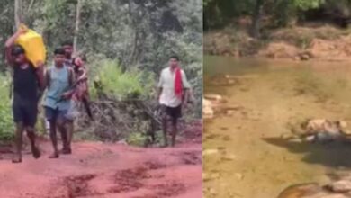 A conceptual image highlighting the Narayanpur Village Crisis, showing villagers carrying a sick patient on their shoulders through a rough, unpaved mountainous terrain in Chhattisgarh.