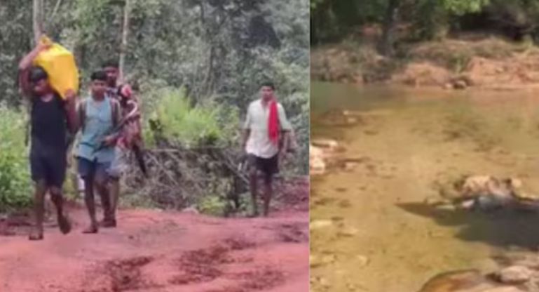 A conceptual image highlighting the Narayanpur Village Crisis, showing villagers carrying a sick patient on their shoulders through a rough, unpaved mountainous terrain in Chhattisgarh.