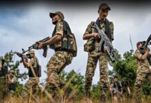 A conceptual image highlighting Naxal Free India, showing a map of India with only two highlighted areas representing Bijapur and West Singhbhum, alongside security forces patrolling a dense jungle.