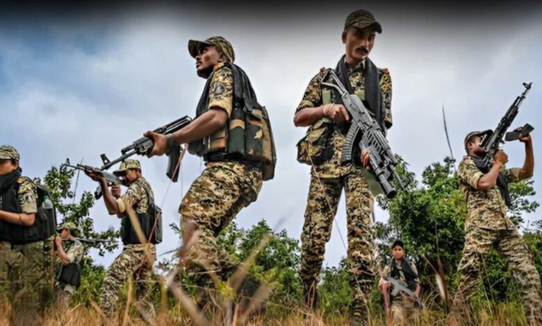 A conceptual image highlighting Naxal Free India, showing a map of India with only two highlighted areas representing Bijapur and West Singhbhum, alongside security forces patrolling a dense jungle.