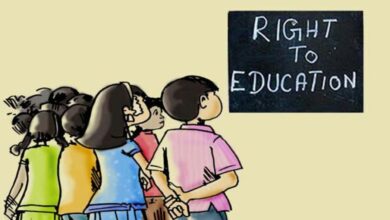 A conceptual image highlighting RTE Admission, showing a balance scale weighing education rights against a school building, symbolizing the Chhattisgarh government's strict warning to private schools.