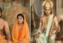 A conceptual image highlighting the Ramayana AI Look, showing an AI-generated portrait of Ranbir Kapoor and Sai Pallavi dressed in traditional Ramanand Sagar style Ramayana attire.