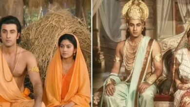 A conceptual image highlighting the Ramayana AI Look, showing an AI-generated portrait of Ranbir Kapoor and Sai Pallavi dressed in traditional Ramanand Sagar style Ramayana attire.