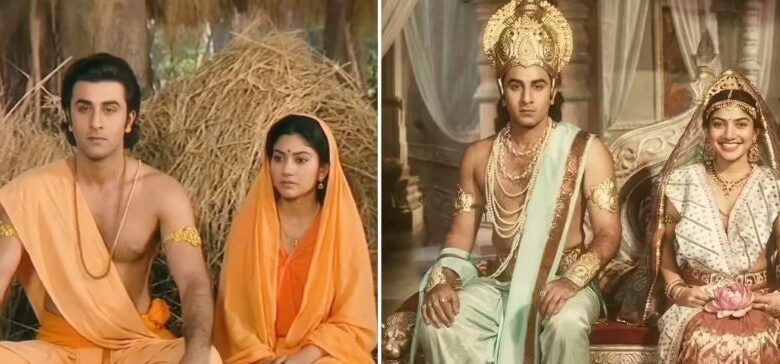 A conceptual image highlighting the Ramayana AI Look, showing an AI-generated portrait of Ranbir Kapoor and Sai Pallavi dressed in traditional Ramanand Sagar style Ramayana attire.