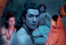 A conceptual image showing Ranbir Kapoor in a majestic mythological look, with the title Ramayana and a glowing Lord of the Rings style background.