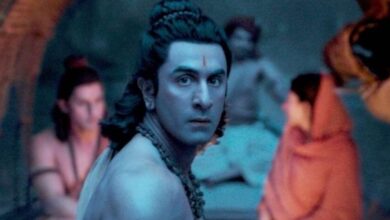 A conceptual image showing Ranbir Kapoor in a majestic mythological look, with the title Ramayana and a glowing Lord of the Rings style background.