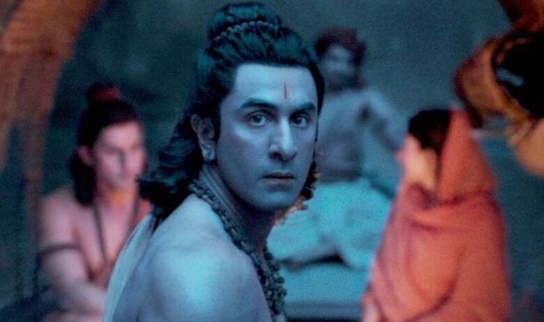 A conceptual image showing Ranbir Kapoor in a majestic mythological look, with the title Ramayana and a glowing Lord of the Rings style background.