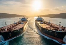 स्ट्रेट ऑफ होर्मुज के समुद्र में ईरान की हथियारों से लैस तेज रफ्तार गनबोट और बैकग्राउंड में एक बड़ा व्यावसायिक जहाज