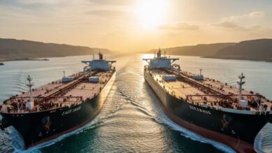 स्ट्रेट ऑफ होर्मुज के समुद्र में ईरान की हथियारों से लैस तेज रफ्तार गनबोट और बैकग्राउंड में एक बड़ा व्यावसायिक जहाज