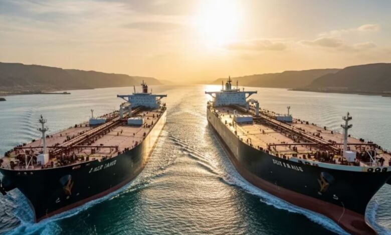 स्ट्रेट ऑफ होर्मुज के समुद्र में ईरान की हथियारों से लैस तेज रफ्तार गनबोट और बैकग्राउंड में एक बड़ा व्यावसायिक जहाज